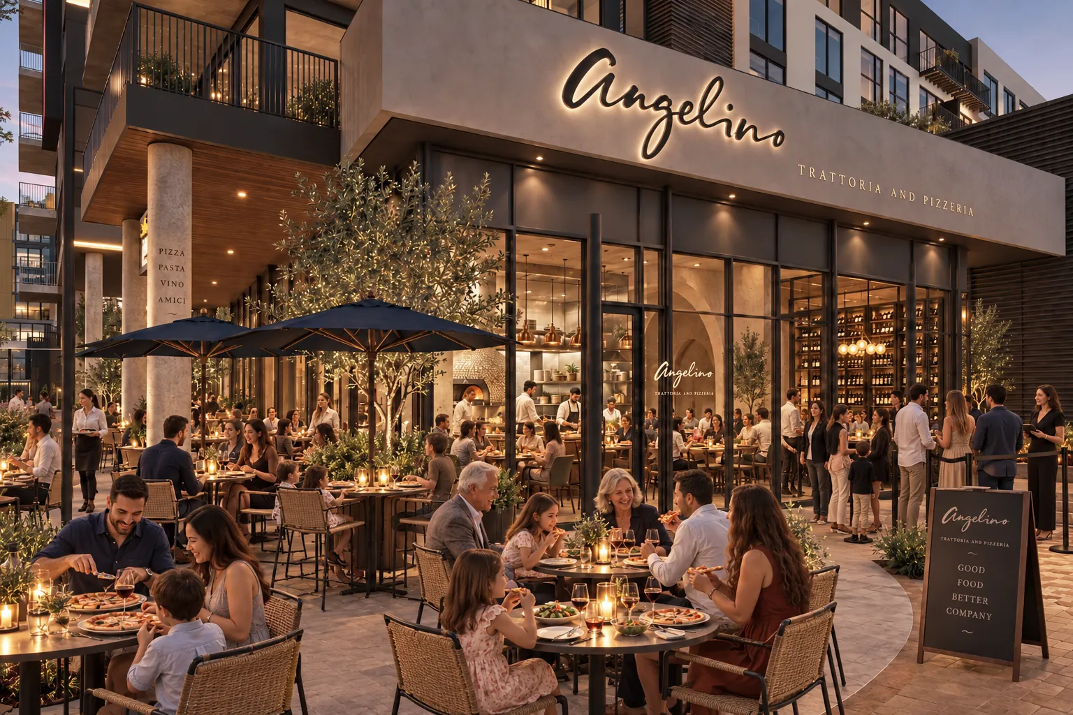 Concept rendering of Suite B4 in the evening, families at the patio tables