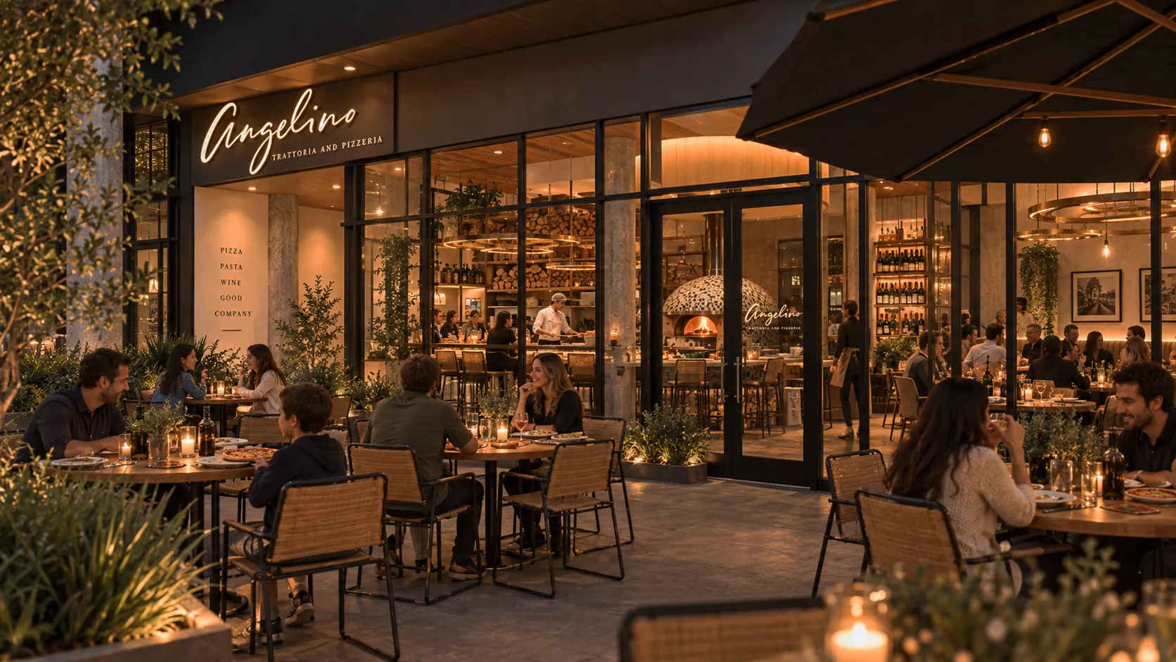 Concept rendering of Suite B4: the glass storefront and patio at night
