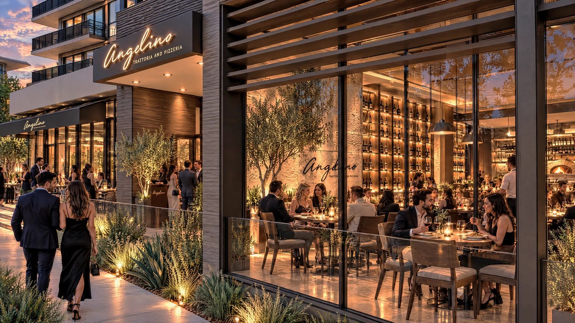 Concept rendering of Suite B5: a restaurant behind full-height glass, seen from the sidewalk