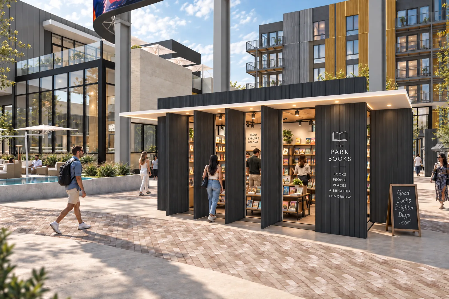 A bookshop kiosk on the Plaza, with the residences rising behind it