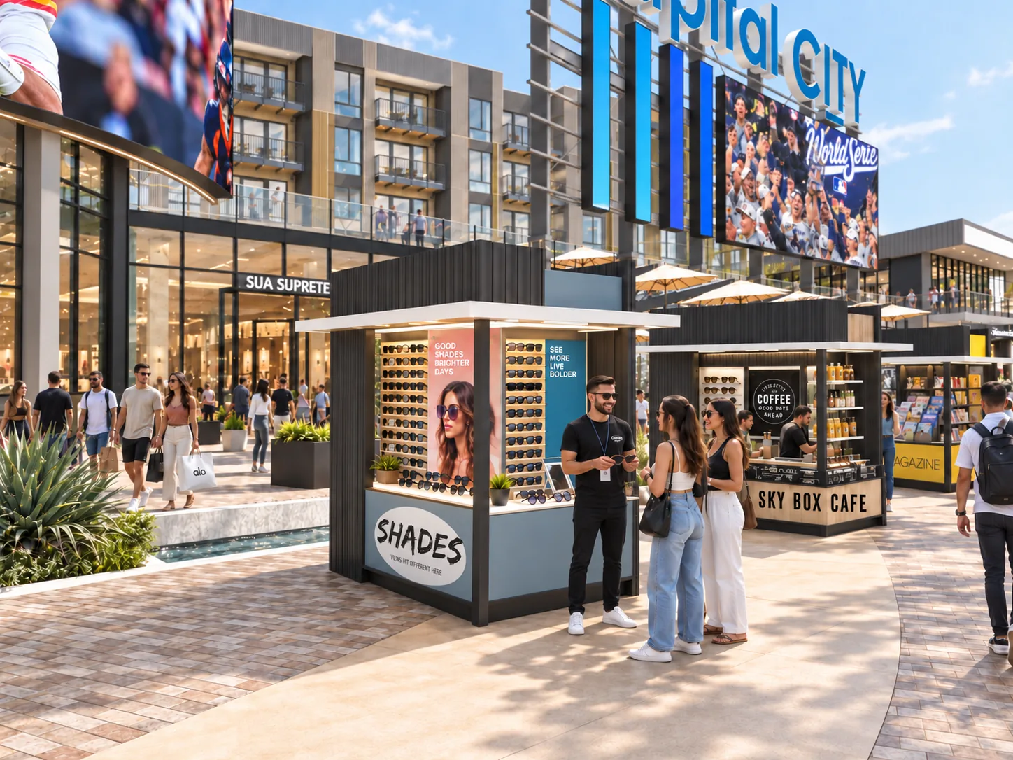 Kiosks on the Plaza floor under a large screen showing a game, the Capital City sign above